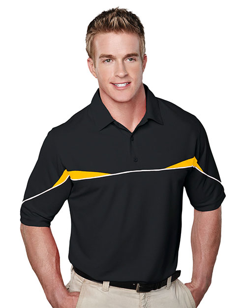 Tri-Mountain 050 Men Ss Knit Polo Shirt, W/ Self Collar, Piping And Contrast Inserts Black/Gold at bigntallapparel