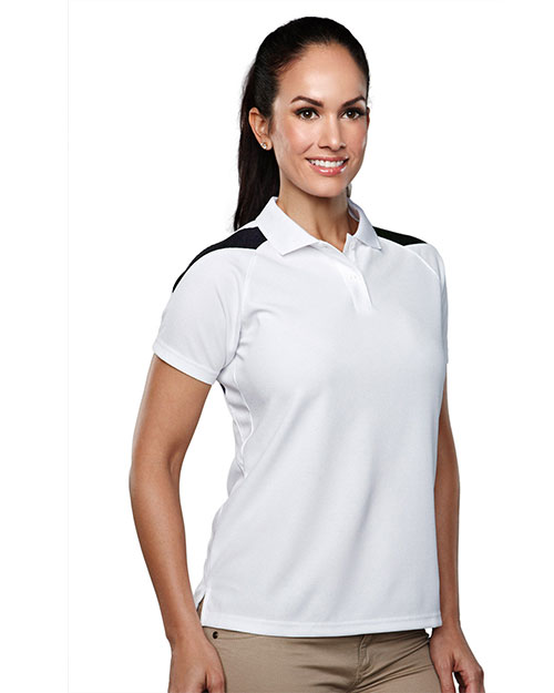 Tri-Mountain 203 Women 100% Polyester Knit Polo Shirt, Raglan Sleeve W/ Shoulder Contrast White/Black at bigntallapparel