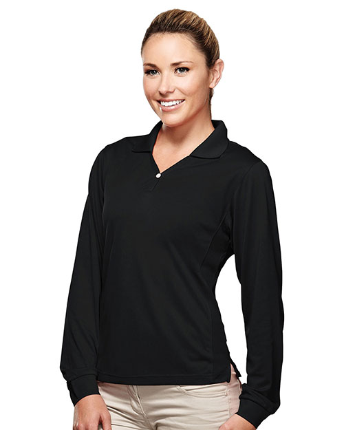 Tri-Mountain 656 Women Poly Ultracool Pique Y-Neck Long Sleeve Golf Shirt Black at bigntallapparel