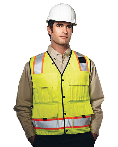Tri-Mountain 8435 Men 100% Polyester Water Resistant Heavy Twill Safety Vest Lime Green at bigntallapparel