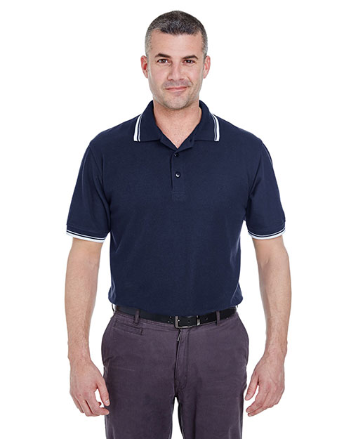 Ultraclub 8545 Men Shortsleeve Whisper Pique Polo With Ribknit Collar And Cuff Tipping Navy/ White at bigntallapparel