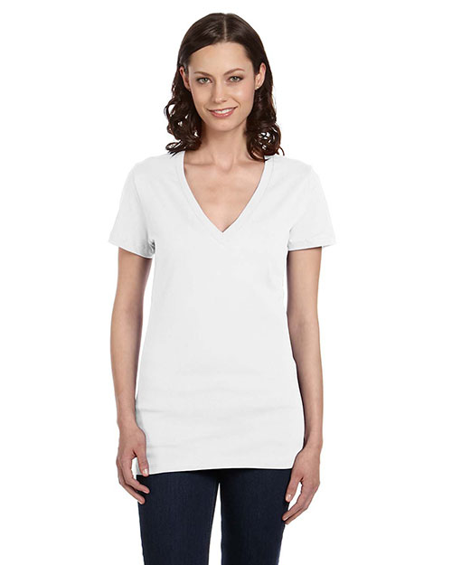 Bella B6035 Women Jersey Short-Sleeve Deep V-Neck T-Shirt White at bigntallapparel
