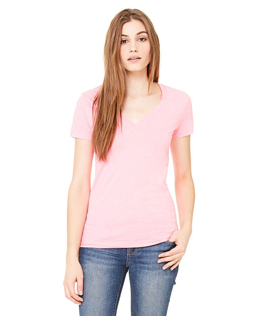 Bella B6035 Women Jersey Short-Sleeve Deep V-Neck T-Shirt Neon Pink at bigntallapparel