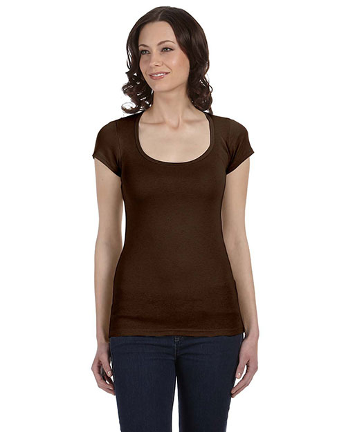 Bella B8703 Women Sheer Mini Rib Short-Sleeve Scoop Neck T-Shirt Chocolate at bigntallapparel