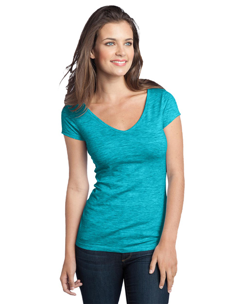 District Threads DT2001 Women Extreme Heather Cap Sleeve V-Neck Tee Aquamarine at bigntallapparel