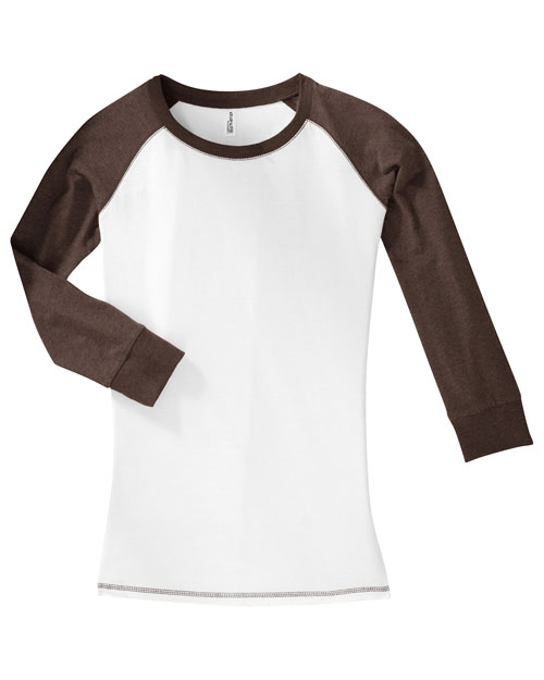 District Threads DT226 Womenjuniors 3/4-Sleeve Cotton Raglan Tee White/Heathered Mocha Brown at bigntallapparel