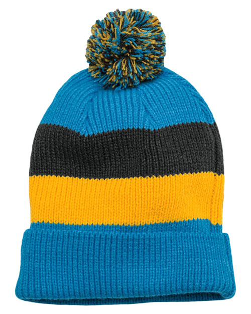 District Threads DT627  Vintage Striped Beanie With Removable Pom Turqu Multi at bigntallapparel