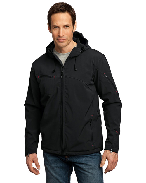 Port Authority Signature J706 Men Textured Hooded Soft Shell Jacket Black/Engine Red at bigntallapparel
