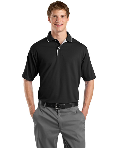Sport-Tek K467 Men Dri Mesh Sport Shirt With Striped Collar Black/White at bigntallapparel