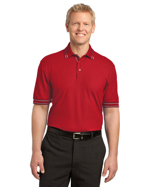 Port Authority K502 Men Silk Touch Tipped Polo Red/Steel Grey at bigntallapparel