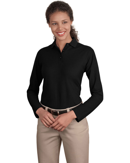 Port Authority L500LS Women Long Sleeve Silk Touch Polo Black at bigntallapparel
