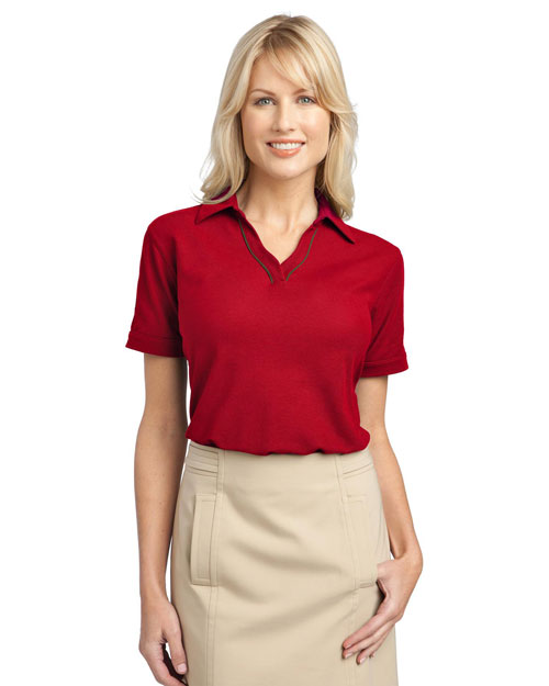 Port Authority L502 Women Silk Touch Piped Polo Red/Steel Grey at bigntallapparel