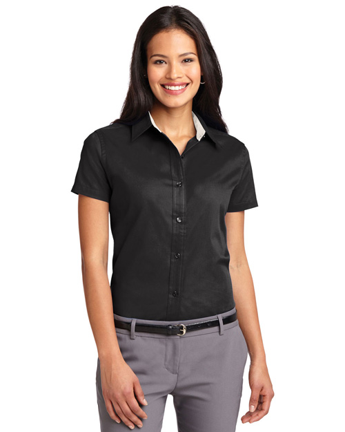 Port Authority L508 Women Short Sleeve Easy Care  Shirt Black/Light Stone at bigntallapparel