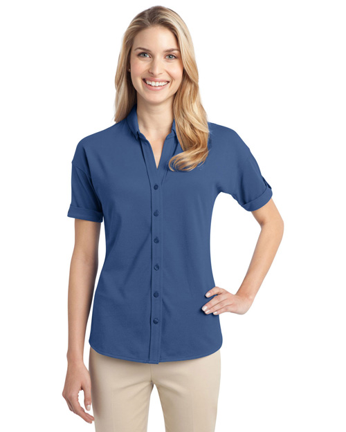 Port Authority L556 Women Stretch Pique Buttonfront Shirt Moonlight Blue at bigntallapparel