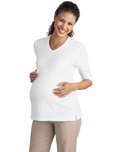 Port Authority L561M Women Ssilk Touch Maternity 3/4-Sleeve V-Neck Shirt White at bigntallapparel