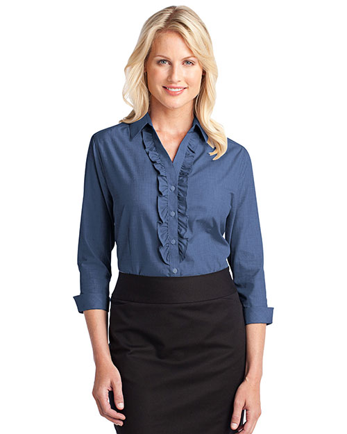 Port Authority L644 Women Crosshatch Ruffle Easy Care Shirt Deep Blue at bigntallapparel