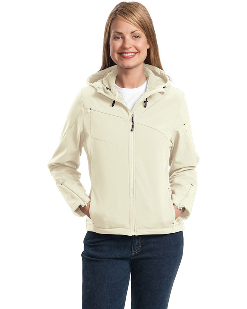 Port Authority L706 Women Textured Hooded Soft Shell Jacket Chalk White/Charcoal at bigntallapparel