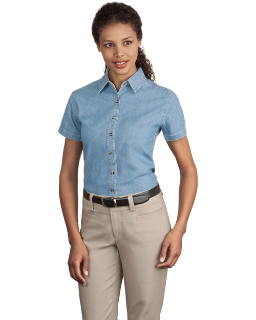 Port & Company LSP11 Women Short Sleeve Value Denim Shirt Faded Blue* at bigntallapparel