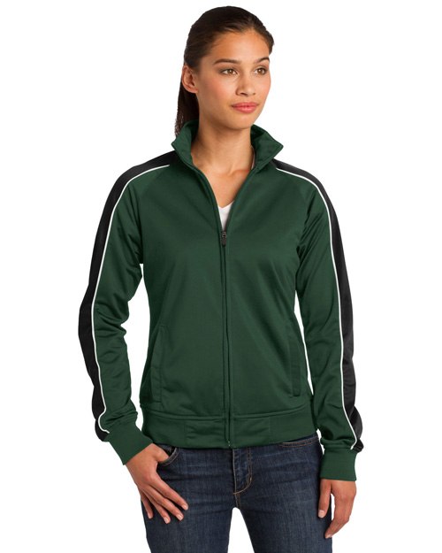 Sport-Tek LST92 Women Piped Tricot Track Jacket For Grn/Blk/Wh at bigntallapparel