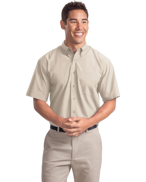 Port Authority S507 Men Short Sleeve Easy Care Soil Resistant Dress Shirt Light Stone at bigntallapparel