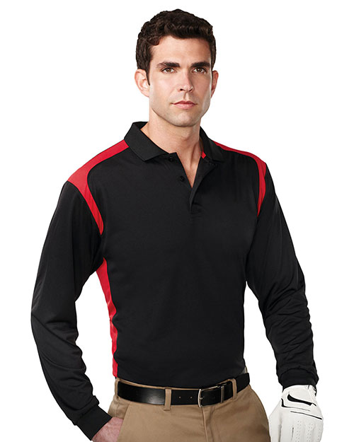Tri-Mountain K145LS Men 100% Polyester Long Sleeve Knit Shirt W/Rib Cuff, 3 Button Placket Black/Red at bigntallapparel