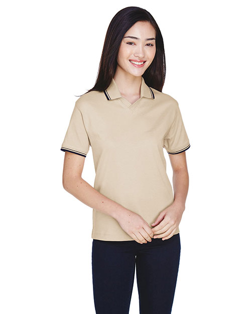 Devon & Jones D140W Women Tipped Perfect Pima Interlock Polo Stone/Navy at bigntallapparel