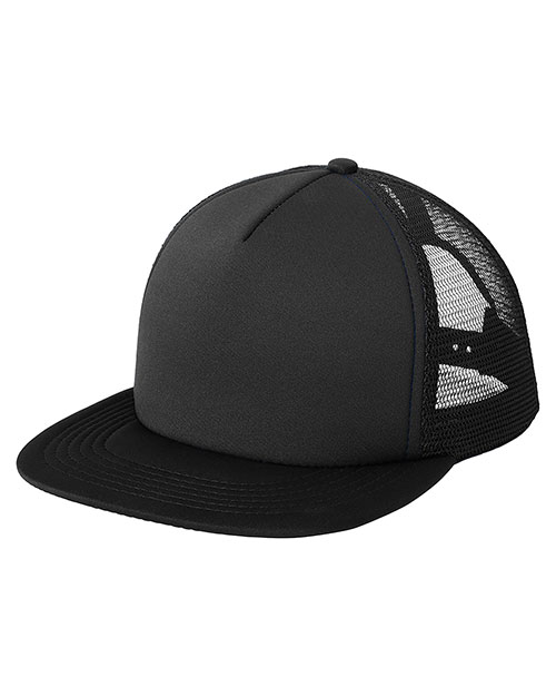 District Threads DT624  Flat Bill Snapback Trucker Cap Black at bigntallapparel