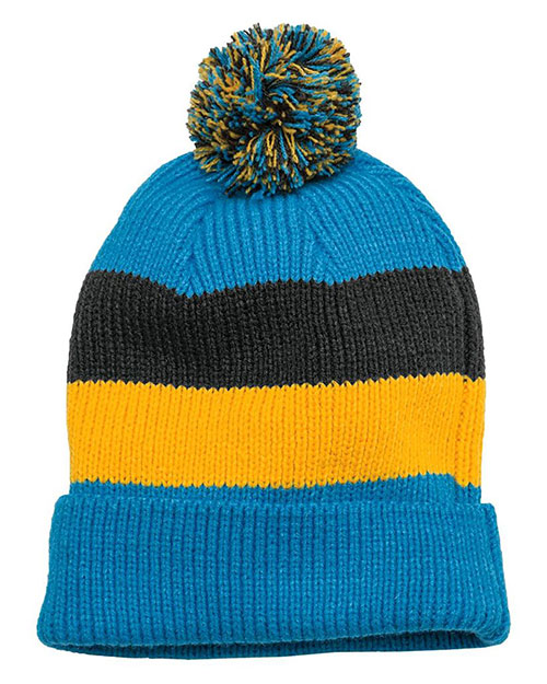District Threads DT627  Vintage Striped Beanie With Removable Pom Turqu Multi at bigntallapparel