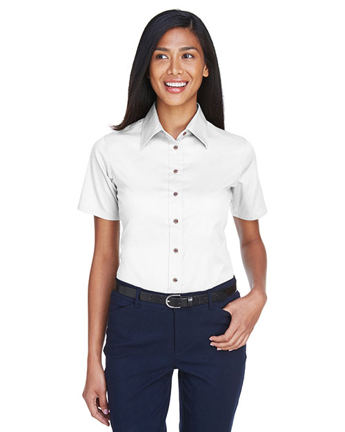 Harriton M500SW Women Short-Sleeve Twill Shirt With Stain-Release White at bigntallapparel