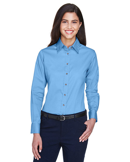 Harriton M500W Women Long-Sleeve Twill Shirt With Stain-Release Light College Blue at bigntallapparel