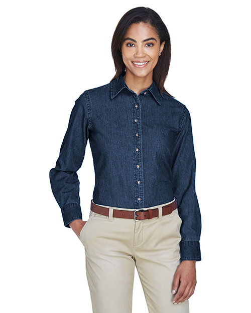 Harriton M550W Women 6.5 Oz. Long-Sleeve Denim Shirt Dark Denim at bigntallapparel