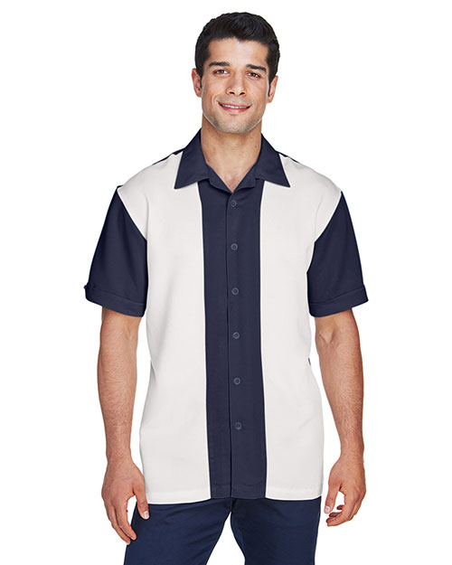 Harriton M575 Men Two Tone Bahama Cord Camp Shirt Navy/Creme at bigntallapparel