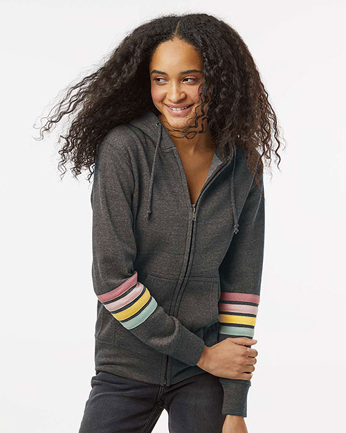 MV Sport W22732 Women's Striped Sleeves Full-Zip Hooded Sweatshirt