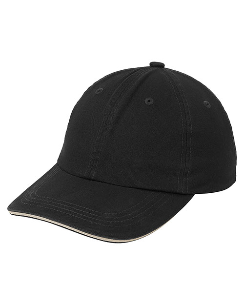 Port Authority Signature C830  Sandwich Bill Cap With Striped Closure Black/ Khaki at bigntallapparel