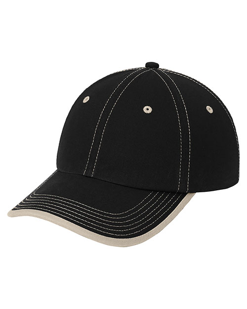 Port Authority C835  Vintage Washed Contrast Stitch Cap Black/ Stone at bigntallapparel