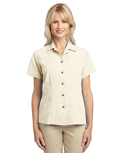 Port Authority L536 Women Patterned Easy Care Camp Shirt Ivory at bigntallapparel