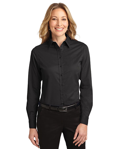 Port Authority L608 Women Long Sleeve Easy Care Shirt Black/ Light Stone at bigntallapparel