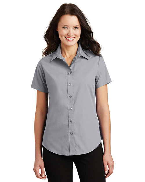 Port Authority L633 Women Short Sleeve Value Poplin Shirt Grey at bigntallapparel