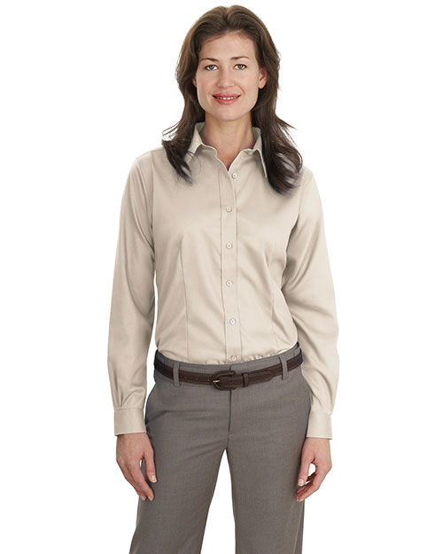 Port Authority L638 Women Long Sleeve Non-Iron Twill Shirt Light Stone at bigntallapparel