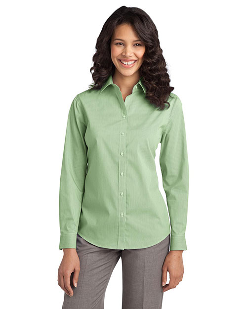 Port Authority L647 Women Fine Stripe Stretch Poplin Shirt Wintergreen/Wh at bigntallapparel