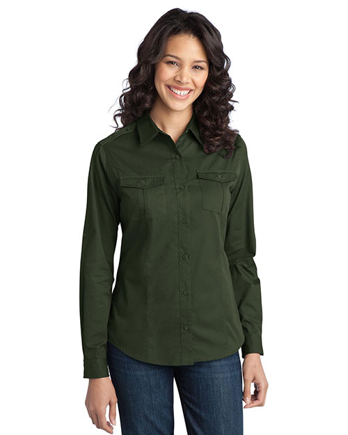 Port Authority L649 Women Stainresistant Roll Sleeve Twill Shirt Basil Green at bigntallapparel