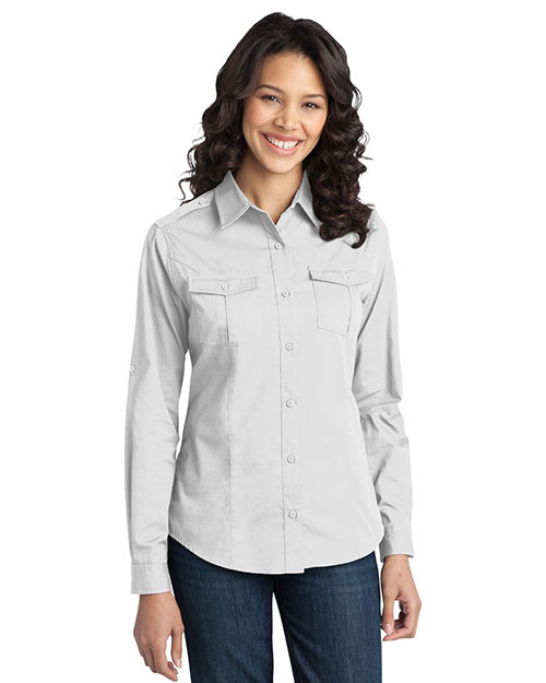Port Authority L649 Women Stainresistant Roll Sleeve Twill Shirt White at bigntallapparel