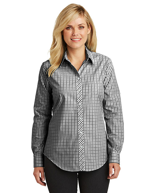 Port Authority L654 Women Long Sleeve Gingham Easy Care Shirt Black/Charcoal at bigntallapparel