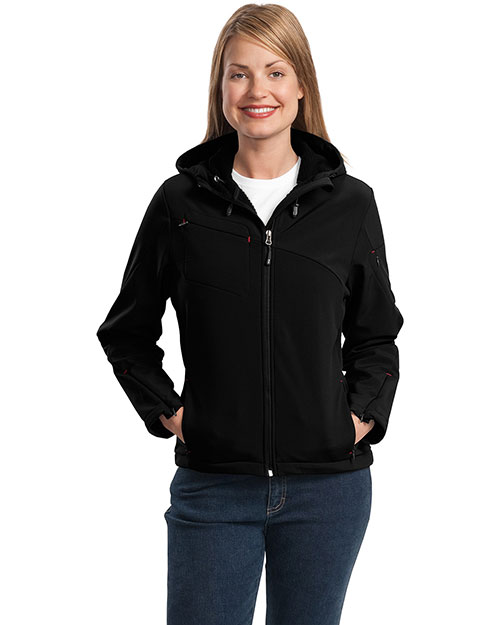 Port Authority L706 Women Textured Hooded Soft Shell Jacket Black/Engine Red at bigntallapparel