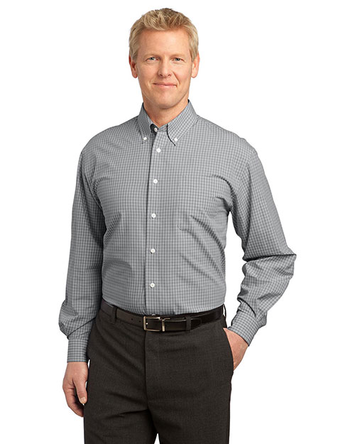 Port Authority S639 Men Plaid Pattern Easy Care Shirt Charcoal at bigntallapparel