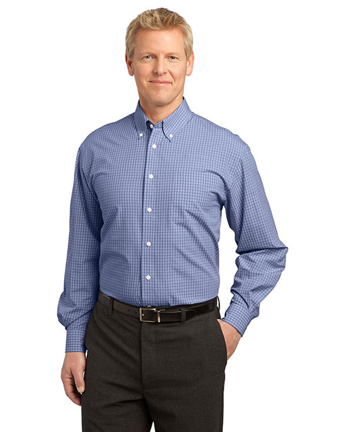 Port Authority S639 Men Plaid Pattern Easy Care Shirt Navy at bigntallapparel