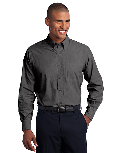 Port Authority TLS640 Men Tall Crosshatch Easy Care Shirt Soft Black at bigntallapparel
