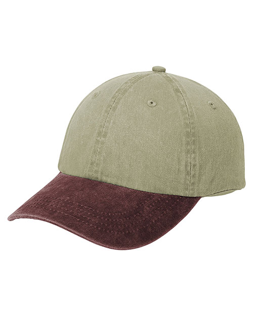 Port & Company CP83  2 Tone Pigment Dyed Cap Khaki/Maroon at bigntallapparel