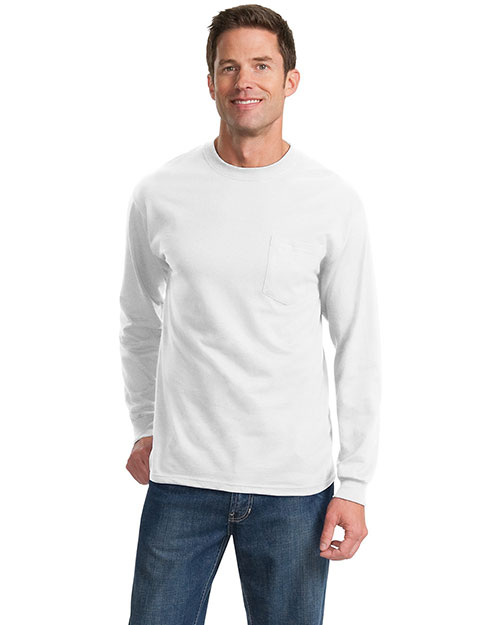 Port & Company PC61LSP Men 100% Cotton Long Sleeve T Shirt With Pocket White at bigntallapparel