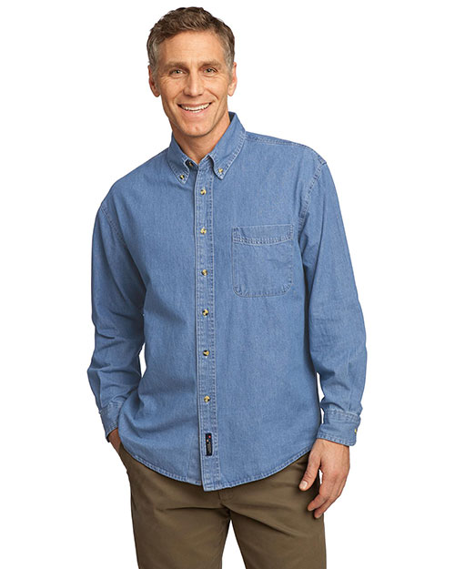 Port & Company SP10 Men Long Sleeve Value Denim Shirt Faded Blue at bigntallapparel